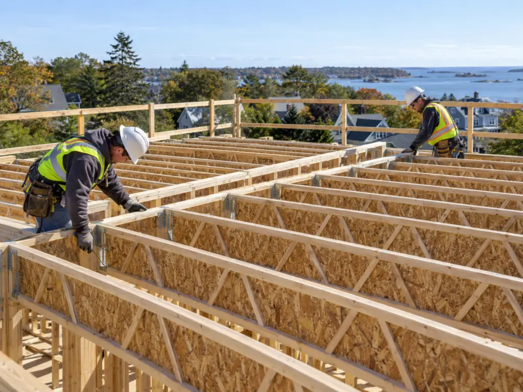 Engineered wood floor system components during assembly