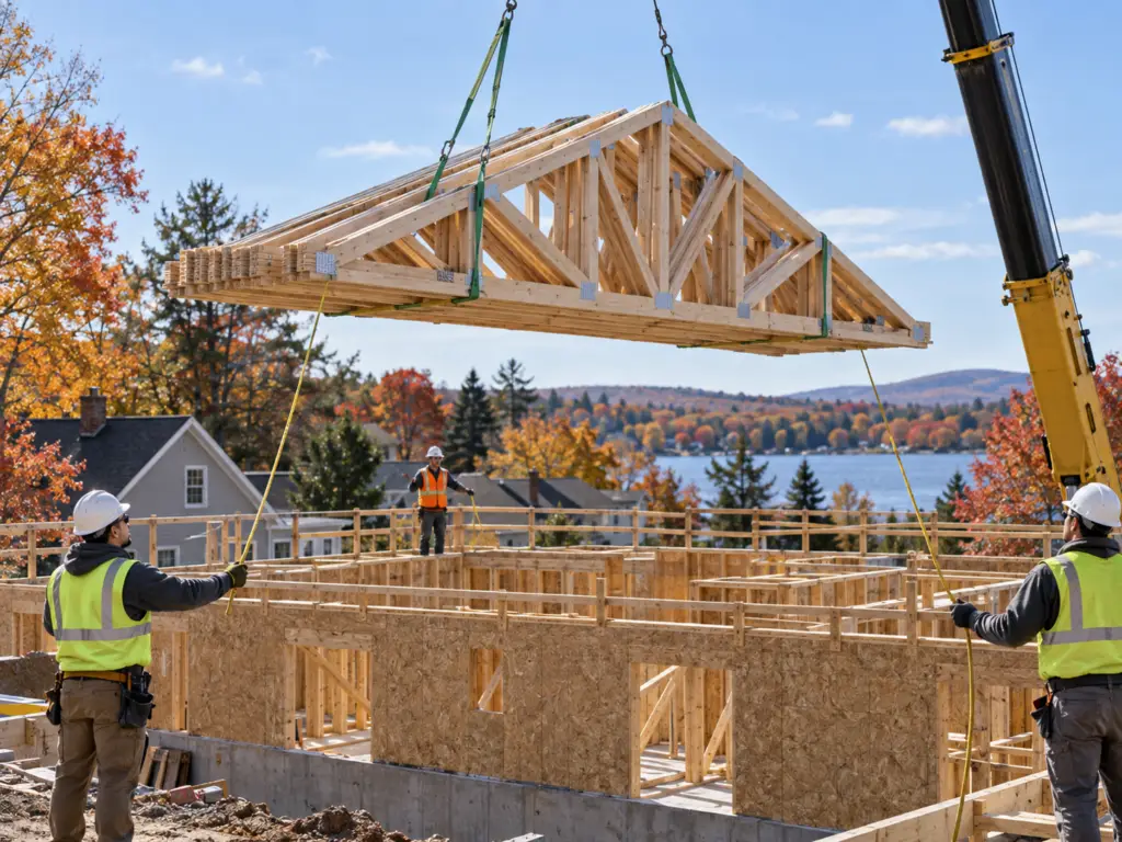 Roof trusses being lifted by crane at a construction site