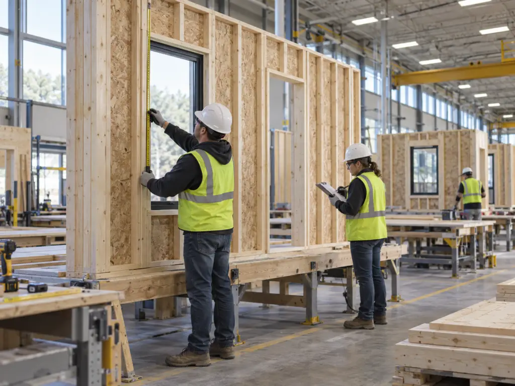 Prefabricated wood wall panels prepared for project coordination