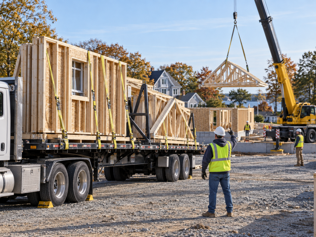 Flatbed delivery of structural framing components coordinated for a construction project