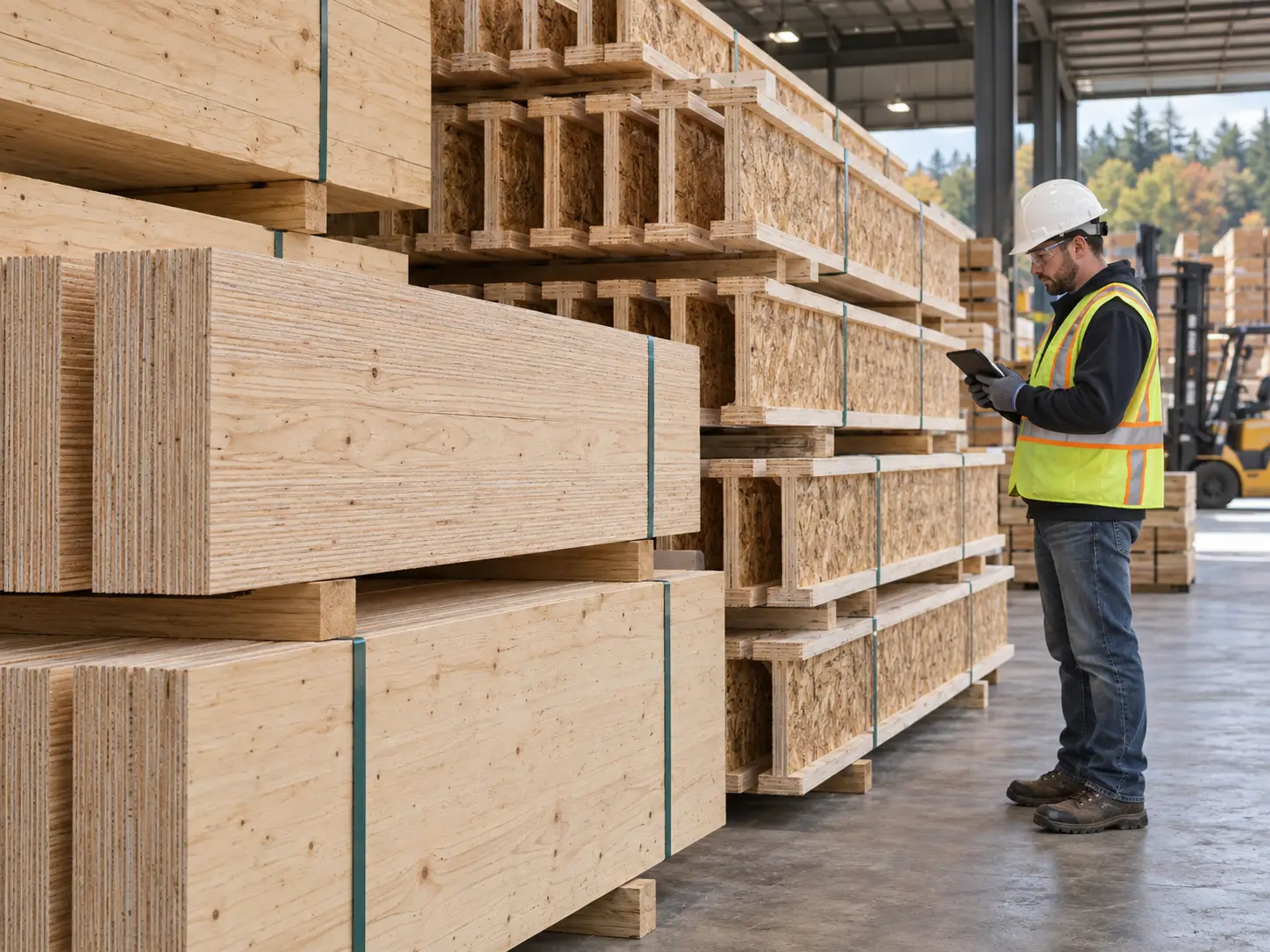 Organized LVL beams and engineered wood I-joists at a professional component facility