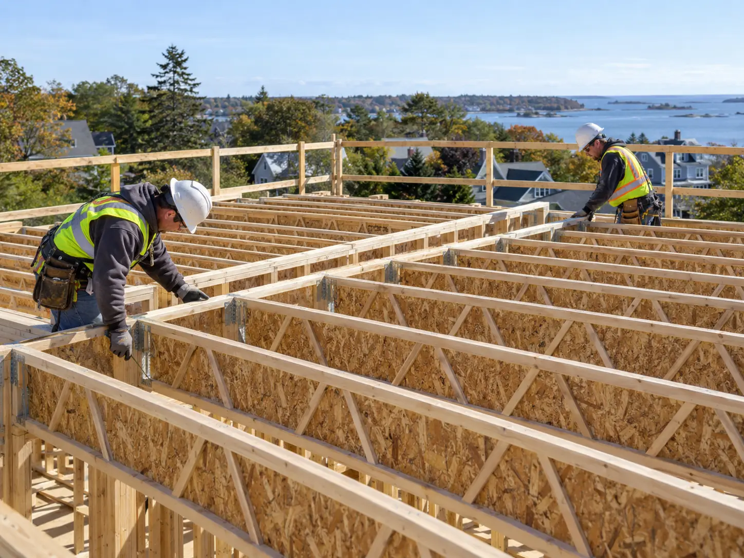 Safety-equipped carpenters aligning engineered wood floor trusses on a New England project