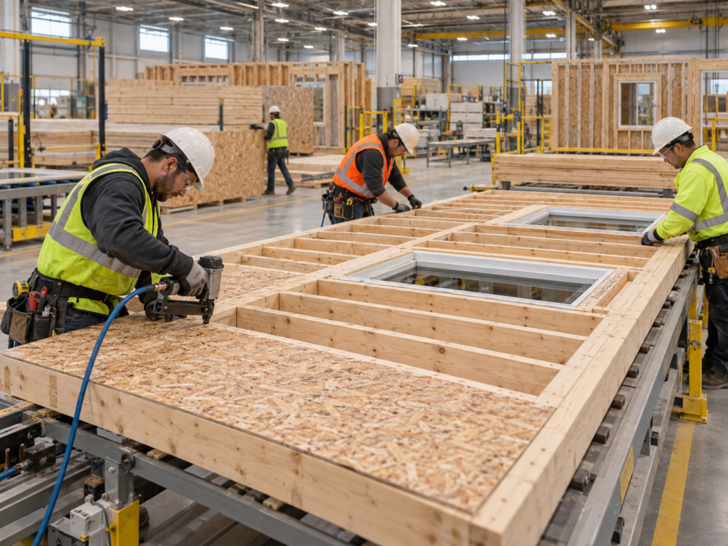 Safety-equipped workers assembling prefabricated wood framing in a manufacturing facility