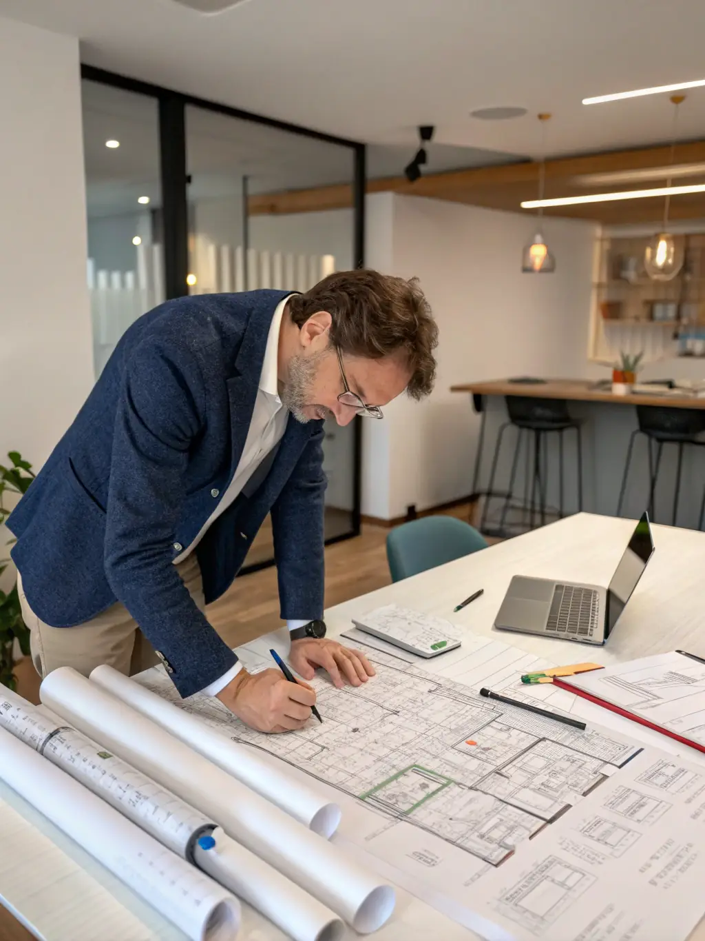 A project manager and client reviewing printed building plans together in a modern office, with notes and highlighters visible, symbolizing the review and scope clarification phase.