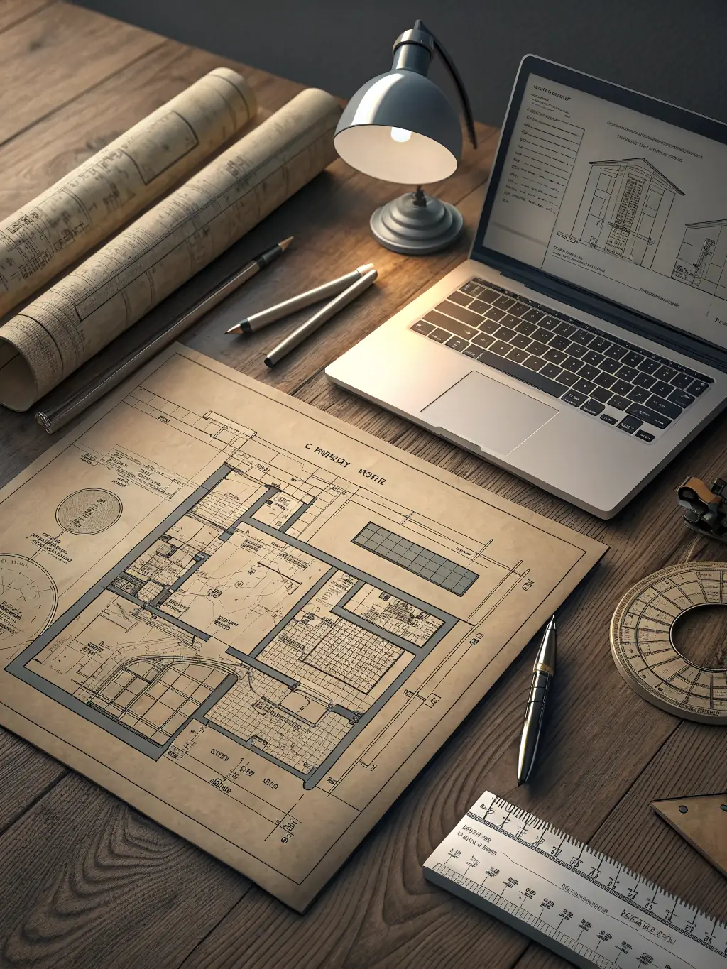 A close-up photo of architectural blueprints and digital plans spread out on a construction desk, with a contractor’s hand pointing at key details, representing the initial step of sending project plans.